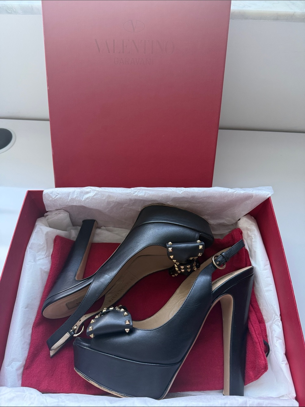 Valentino Black Leather Studded Bow Slingback Heels